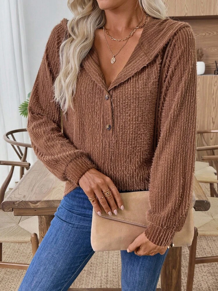 EMERY ROSE Sudadera con capucha casual de unicolor para mujer - Caqui - Añade 7