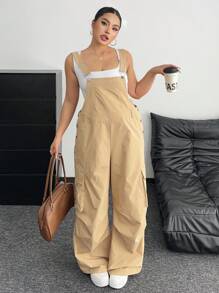 POPSWAY Plus Size Women Casual Khaki Solid Color Adjustable Strap Jumpsuit, Street Fashion & College Style - Khaki - View 1
