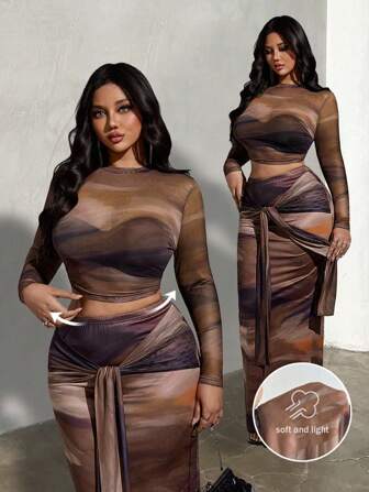 Viva Relle Set da 2 pezzi da donna taglie forti, composto da top trasparente a maniche lunghe con stampa casuale e minigonna aderente con nodo, adatto per l'autunno