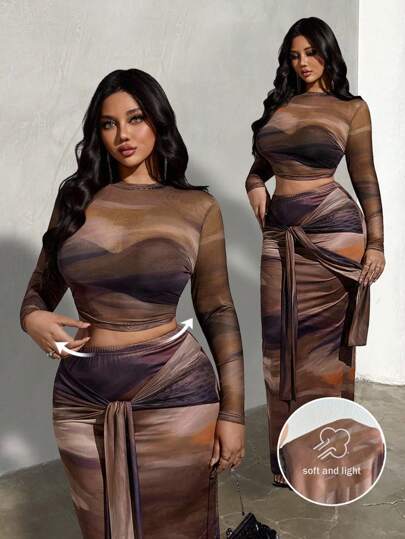 Viva Relle Conjunto de 2 piezas de mujer talla grande con blusa de manga larga transparente con estampado aleatorio y falda ajustada con nudo, otoño