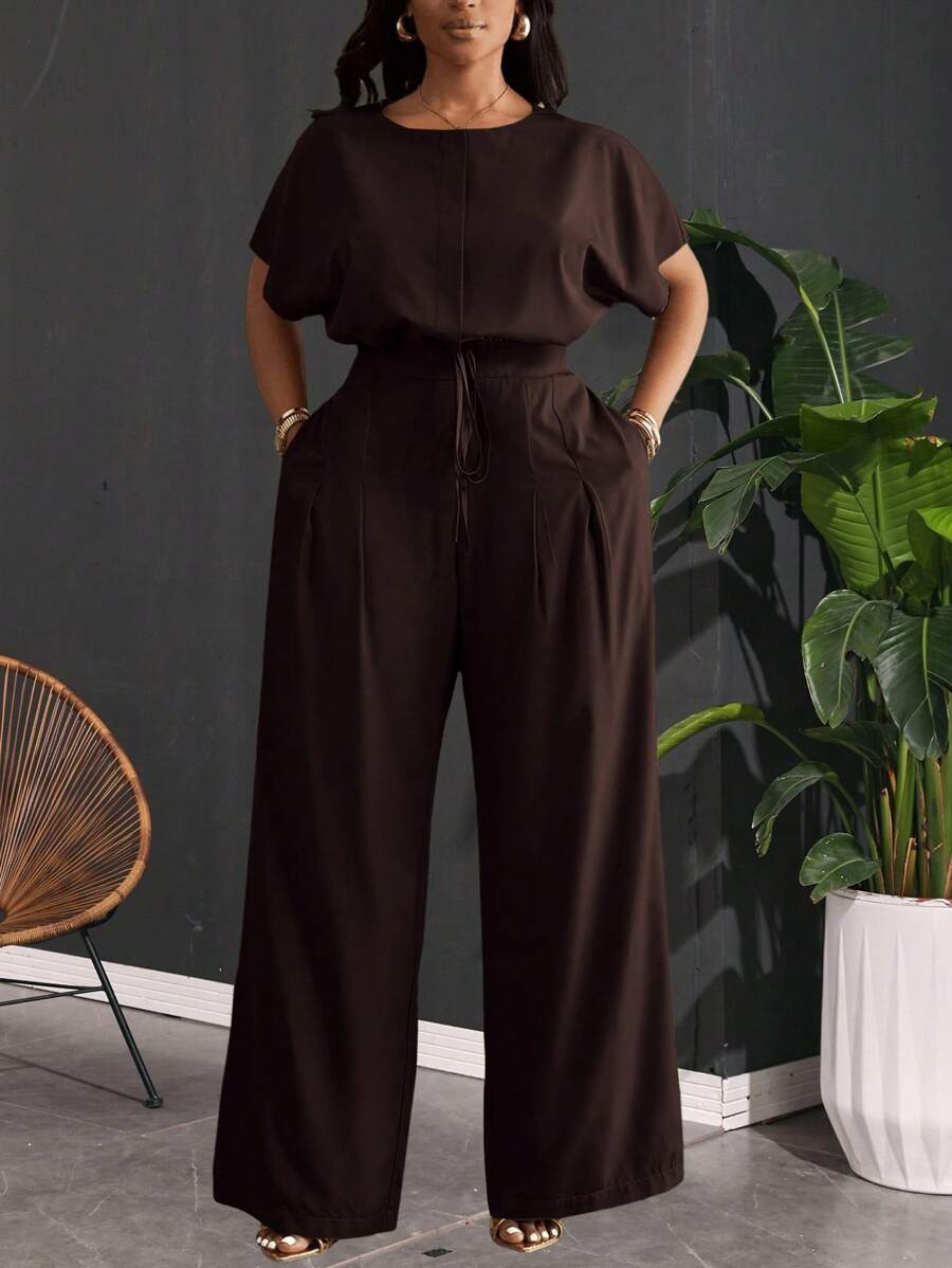 Slaydiva Bộ đồ nữ cỡ lớn mùa Xuân/Hè mới gồm 2 món - Áo croptop tay raglan rộng màu xanh lá cây có dây rút ở gấu áo và quần ống rộng có túi. - màu nâu - Xem 1