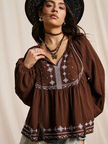 Easelle Áo cánh tay đèn lồng thêu họa tiết phong cách nghỉ dưỡng giản dị cho nữ, mùa xuân/thu - màu nâu - Xem 1