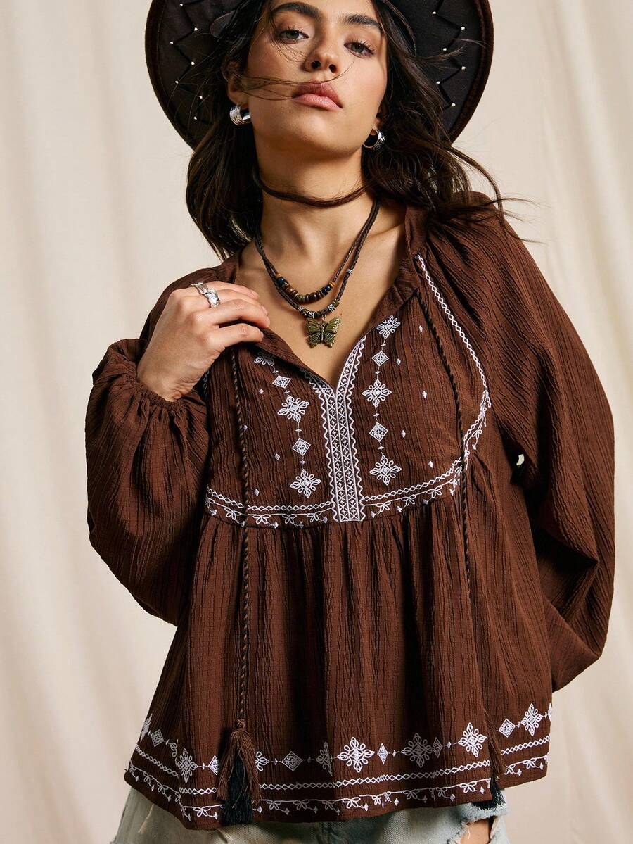 Easelle Áo cánh tay đèn lồng thêu họa tiết phong cách nghỉ dưỡng giản dị cho nữ, mùa xuân/thu - màu nâu - Xem 1