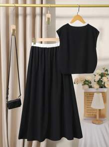 Conjunto de verano informal de top corto sin mangas con estampado de letras y falda larga para adolescentes