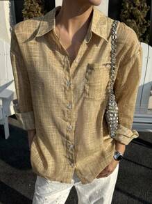 DAZY 女士宽松长袖亚麻字母刺绣衬衫，秋冬休闲领上衣 - 棕色 - 查看 3