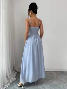 Rafferiza Women's Elegant Color Block Contrast Lace Sequins Spaghetti Strap A-Line Dress - Blue - View 3