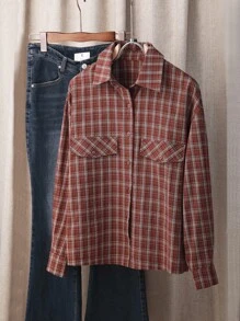 INAWLY 休闲格子长袖女式衬衫 - 棕色 - 查看 3