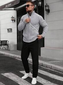 Manfinity CasualCool Men's Autumn/Winter Cable Knit Zip-Up Cardigan With Pockets, Long Sleeve Top