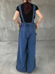 FRIFUL Quần yếm denim ống rộng, dáng rộng, có túi hai bên, có dây rút ở eo dành cho nữ - Màu xanh lam - Xem 6