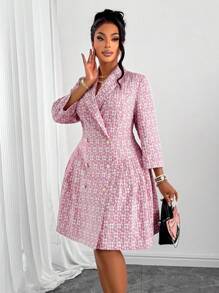 Maweii 大码女式羊毛翻领长袖优雅双排扣褶边西装连衣裙优雅浪漫，正式女装，适合音乐节派对等场景 - 粉色 - 查看 3