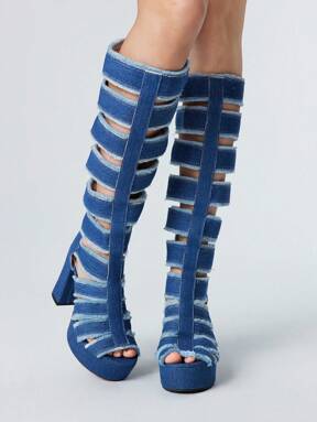 Kawaii 2025 Spring/Summer New Women High Heel Boots, Thick Heel Hollow-Out Blue Boots, Fashion Open Toe Women Shoes