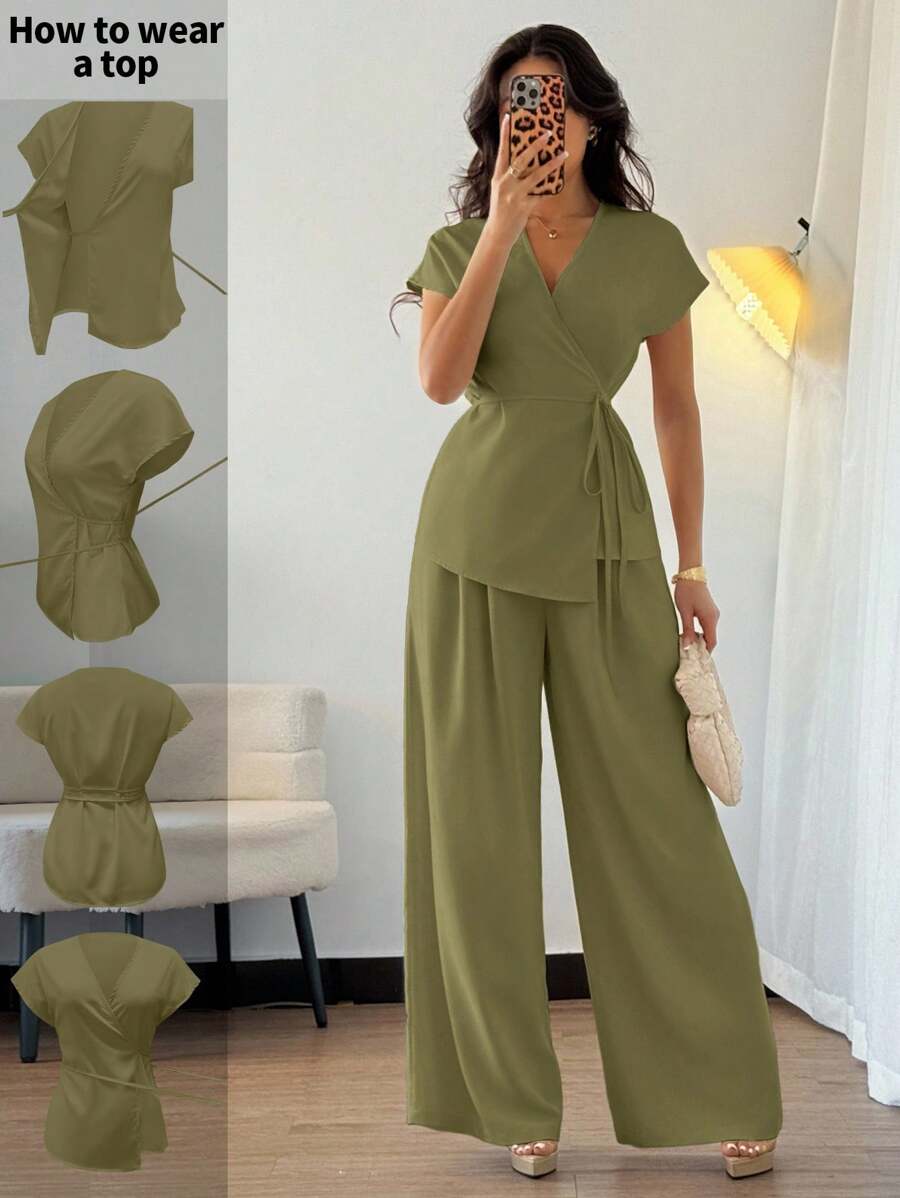 Selianne 女装夏季优雅波西米亚裹身式蝙蝠袖衬衫+阔腿宽松裤两件套，杏色，适合外出约会度假 - 綠色 - 查看 1