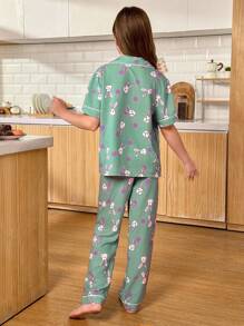 SHEIN 兔子印花泡泡皱女童睡衣套装，短袖衬衫和裤子 - 彩色 - 查看 2