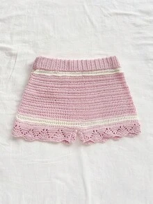 Soleia Pantalones cortos casuales de mujer beige con flores 3D tejidas, adecuados para vacaciones y días festivos de verano