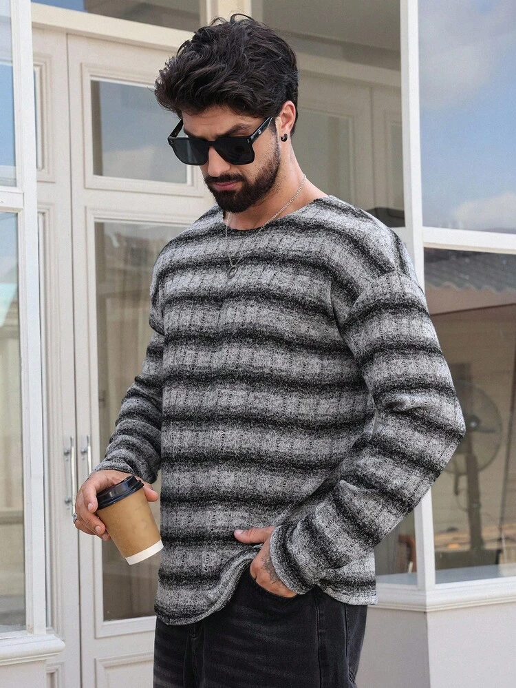 Men's Striped Textured Fabric T-Shirt, Spring/Autumn