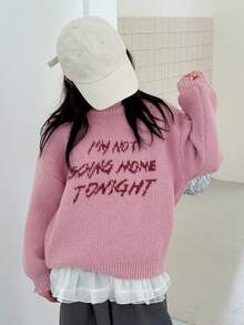 DAZY 青少年女孩字母图案落肩长袖圆领毛衣，秋季服装 - 粉色 - 查看 6
