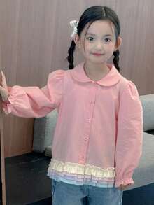 DAZY Young Girls' Casual Cute Frill Trim Button Front Blouse - Pink - View 1