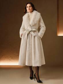 Anewsta 蓬松人造毛皮领子系带修身人造毛皮夹克 - 米色 - 查看 4