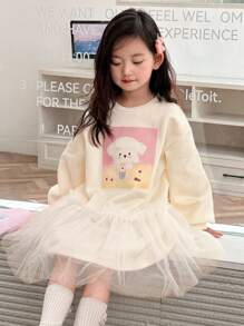 DAZY Young Girls Round Neck Knitted Fleece Printed Contrast Mesh Dress, Fall,Winter - Beige - View 3