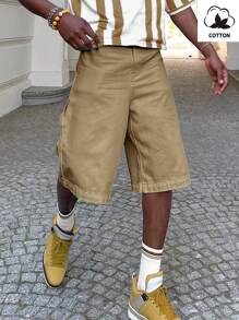 Manfinity Hypemode 男士休闲纯色宽松短裤，夏季 - 卡其色 - 查看 1