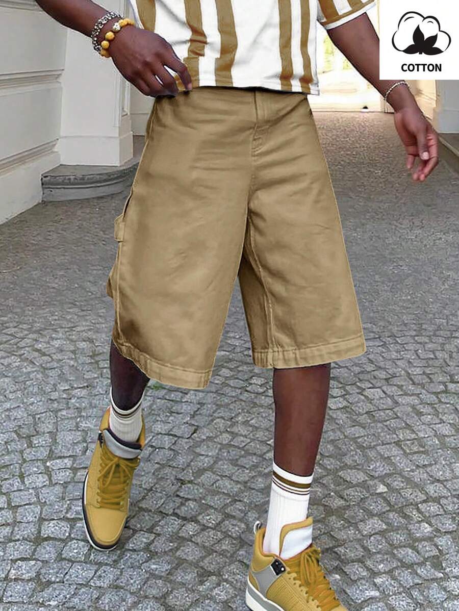 Manfinity Hypemode 男士休闲纯色宽松短裤，夏季 - 卡其色 - 查看 1