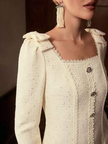 ZEYLAH Đầm dài tay eo đuôi cá cổ vuông xếp nếp nơ - Màu be - Xem 2