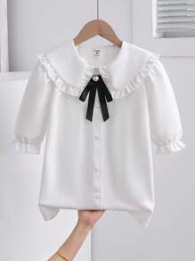 Elladie kids 1件少女彼得潘领泡泡袖衬衫，独特设计学院风上衣，秋冬返校季必备 - 白色 - 查看 2