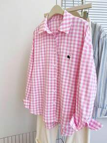 INAWLY Camisa casual de mujer de manga larga, de un solo pecho, con hombros caídos y estampado de cuadros, para verano - Rosa - Ver 4