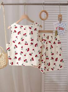 Sparklyn 2 buc/set fete adolescente la modă sport drăguț simplu model cireșe cu bowknot cu decolteu în V camisol și pantaloni scurți casual, naveta și purtare zilnică