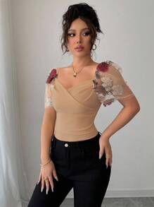 Rafferiza Blusa bordada con cuello cuadrado y mangas abullonadas para mujeres - Caqui - Ver 5