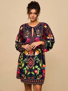 Travachic Plus Size Casual Vacation Tropical Bohemian Print Front Tie Bow Long Sleeve Loose Women Summer Autumn Outdoor Short Dress,Fall Clothes For Women - Navy Blue - View 5