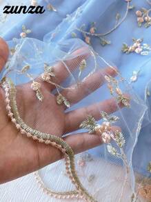 Elegant Embroidered Textured Mesh Skirt For Teen Girls - Blue - View 4