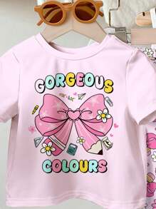 SHEIN 2pcs Cute Floral & Bow Print Casual Cartoon Pattern Round Neck Short Sleeve Top And Flare Pants Set, Suitable For Summer, Back To School Outfit, 2000s/Y2K/Korean Style