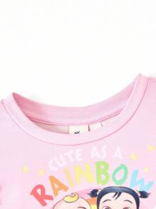 CoComelon X SHEIN 女宝宝甜美卡通图案针织圆领盖袖连衣裙 - 粉色 - 查看 3