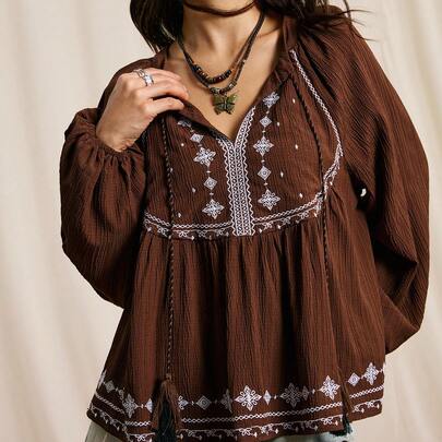 여성 캐주얼 휴가 스타일 자수 매듭 칼라 랜턴 소매 루즈핏 블라우스, 봄/가을