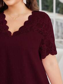 Lacomfia 女式 V 领短袖蕾丝拼布纹理提花面料优雅休闲大码连衣裙，夏季 - 紅色 - 查看 4