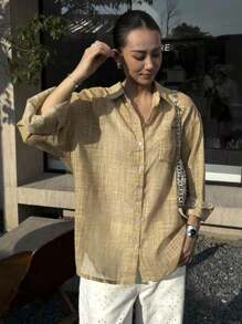 DAZY 女士宽松长袖亚麻字母刺绣衬衫，秋冬休闲领上衣 - 棕色 - 查看 6