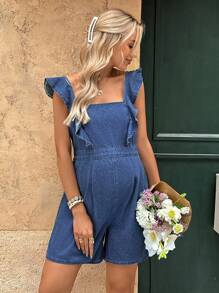 SHEIN Maternity Casual Ruffle Square Neck Denim Bib Pants For Summer, Spring/Autumn,Only Cute Summer Holiday Elegant Vacation Romantic Curve Farmhouse