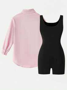 2 件套年轻女孩度假休闲舒适长袖衬衫和无袖紧身裤套装 - 粉色 - 查看 2