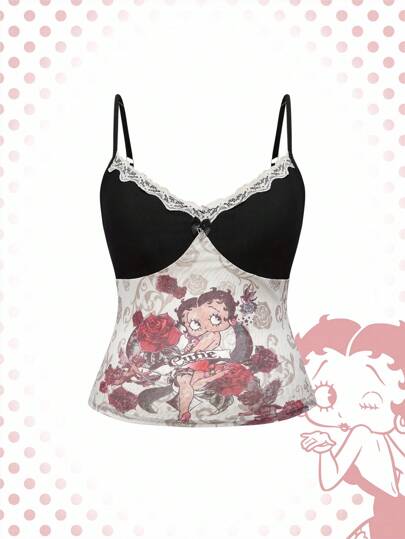 Betty Boop | ROMWE Back To School  Plus Size Women Cartoon Figure Graphic Contrast Lace Camisole Top