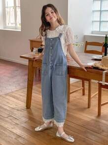Hapijoa 青少年女孩日常休闲牛仔背带连体裤 - 藍色 - 查看 6