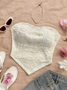 Soleia Áo hai dây dệt kim jacquard thêu viền màu xanh rêu dành cho nữ khi đi nghỉ - Màu be - Xem 4