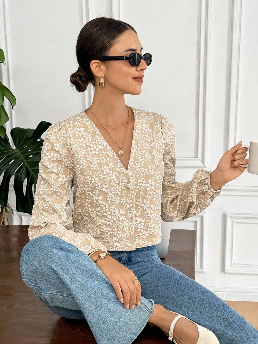 Serisse 女装秋季花卉提花长袖单排扣时尚夹克外套商务休闲女装返校服秋季女装四季服装教师装优雅灯笼袖花卉夹克居家办公 - 杏色 - 查看 1