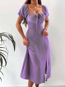 EURMUSE Tie Front Split Thigh Puff Sleeve Dress - Purple - View 3