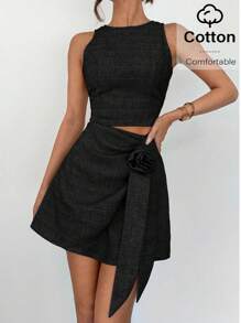 Siren Gaze 女式圆领无袖短款上衣和 3D 花卉装饰 A 字裙时尚 2 件套