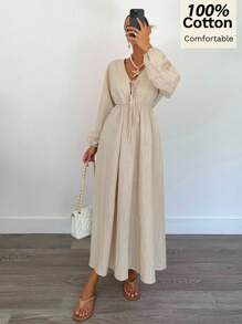 Siren Gaze Váy dài chữ A lưng thun cotton nguyên chất mới dành cho nữ - Màu be - Xem 3