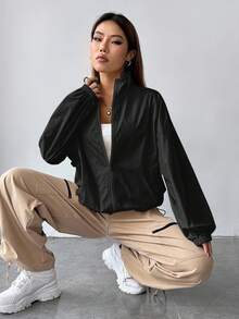 SHEIN EZwear Women's Casual Daily Solid Color Zip-Up Stand Collar Loose Jacket Jacket Y2k Oversized Jacket Windbreaker Jacket Light Jacket In Fall/Winter - Black - View 6