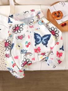 青少年女孩休闲百搭日常穿着百搭校园街头涂鸦印花连帽拉链运动衫夹克秋冬 - 杏色 - 查看 3