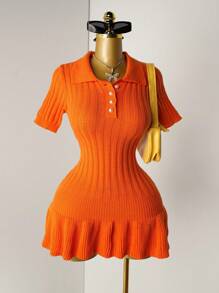 Mistrie Women's Knit Pearl Button Ribbed Orange Pleated Mini Dress, Short Sleeve Sexy Bodycon Minimalist Sweater Dress - Orange - View 7