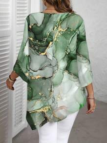 EMERY ROSE Casual Ink Marble Texture Pattern Round Neck Long Sleeve Plus Size Shirt, Suitable For Spring And Autumn And Winter,Teacher Shirts,Fall Clothes For Women Chic Blouses For Women